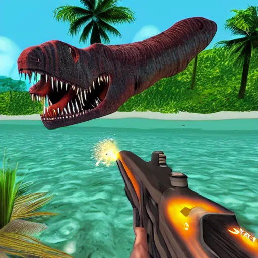 Prompt: Turok:Dinosaur Hunter (n64) beach level