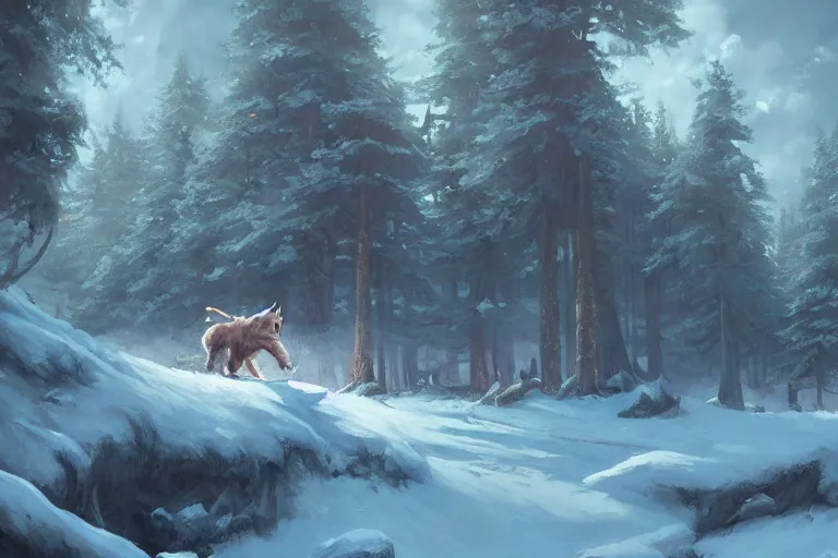 Image similar to a painting of an inn on top of a giant wolf walking through a magical forest, by andreas rocha, trending on artstation