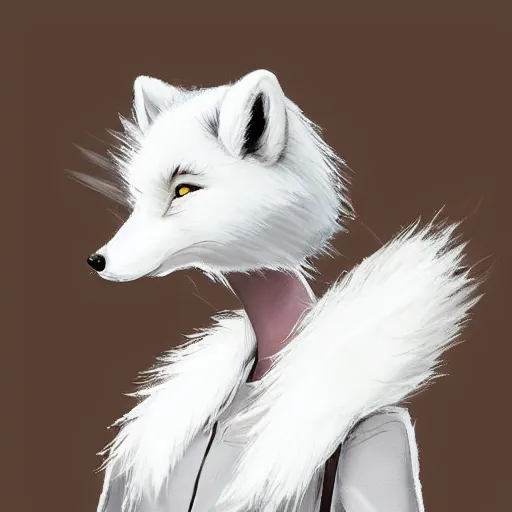 Prompt: art of a white and gray anthro furry arctic fox furry sona character wearing blouse and jeans, looking at viewer, on a coffee shop background, profile picture digital art, trending on artstation, pixiv, deviant art