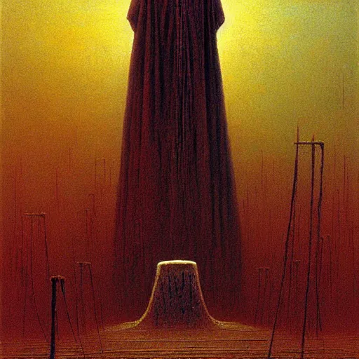 Image similar to a giant priest stands over a city painting by beksinski, barlowe colors. masterpiece painting