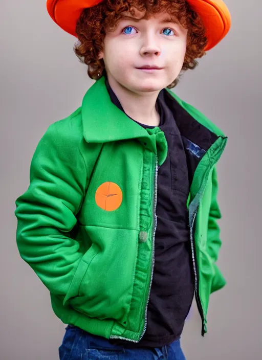 Prompt: portrait photo still of real life young kyle broflovski wearing an orange jacket and green hat, 8 k, 8 5 mm, f. 1 4