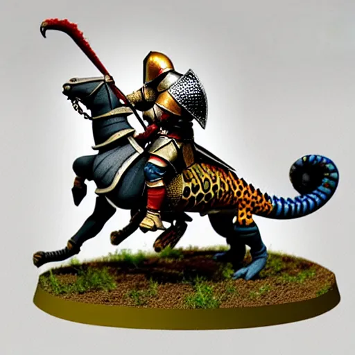 Prompt: A medieval knight riding on a giant two legged leopard gecko, highly detailed, painted wargaming miniature