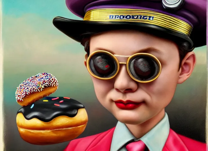 Image similar to a donut wearing a cop hat, lowbrow, matte painting, 3 - d highly detailed, in the style of mark ryden,