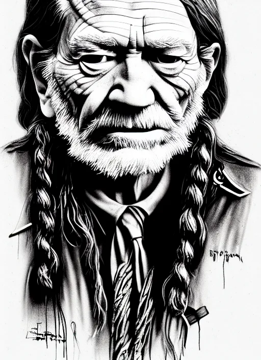 Prompt: an extremely detailed masterpiece grunge head and shoulders drawing of an old willie nelson, in the style of richard avedon, after life, loony toons style, horror themed, detailed, elegant, intricate, trending on artstation, 4 k