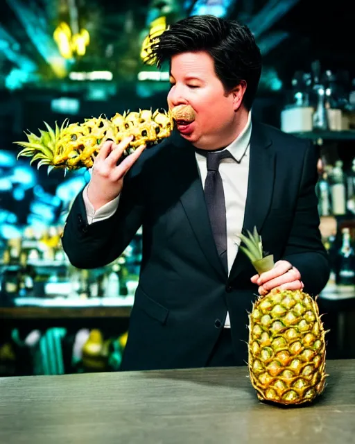 Image similar to A drunk Michael Mcintyre eating a pineapple in a nightclub in Porto,real life skin, intricate, elegant, highly detailed, artstation, concept art, smooth, sharp focus, photo