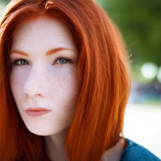 Prompt: close up photo of the left side of the face of a redhead woman who looks directly at the camera. Slightly open mouth. Whole head visible and covers half of the frame, with a park visible in the background. 135mm nikon. Intricate. Very detailed 8k. Sharp. Cinematic post-processing.