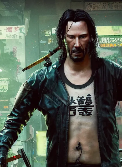 Prompt: wake up samurai, solarpunk, lots of plants, gardening, permaculture, keanu reeves as johnny silverhand, cyberpunk 2 0 7 7, anarchy, realistic, ultra detailed, face enhance