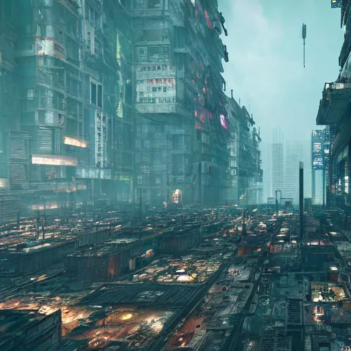 Image similar to photograph of a dystopian city, cyberpunk style, inspired by kowloon walled city, render, octane render, unreal engine, 4 k, dramatic composition