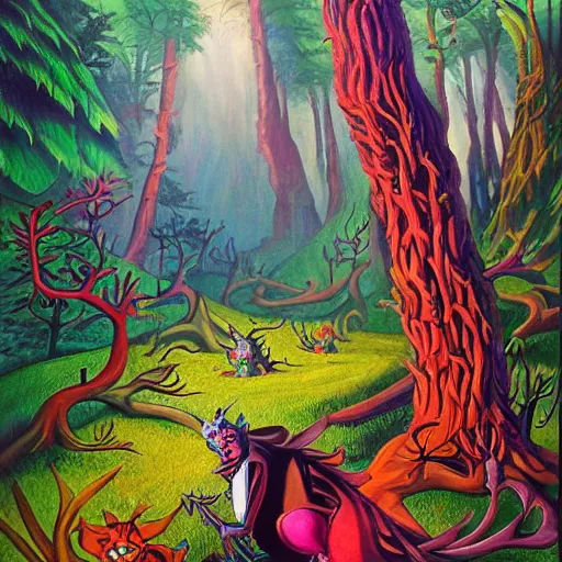 Prompt: a scene of colorful cartoon monsters in the clearing of a dark fantasy forest surrounded by darkness. hyperrealist illustration. muted colors. 1 9 7 0's pulp science fiction and fantasy cartoon for alice in wonderland and wizard of oz. richly colored painting by don ivan punchatz.