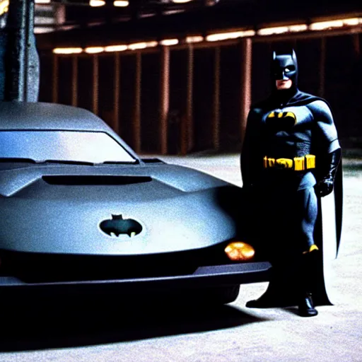 Image similar to henry cavill as batman in batman ( 1 9 8 9 ), standing next to the batmobile, by tim burton, dark deco, gotham city, film still