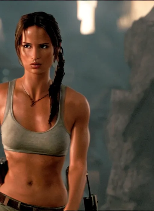 Image similar to film still of Lara Croft in Die Hard, thicc body, large chest, cinematic shot, 4k