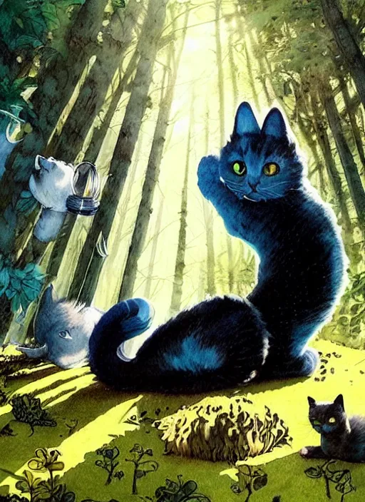 Image similar to a hyper realistic ink cat and the meaning of life and sunbeams blue sky, lush forest comic painting by chiara bautista and norman rockwell and greg rutkowski weta studio, and lucasfilm