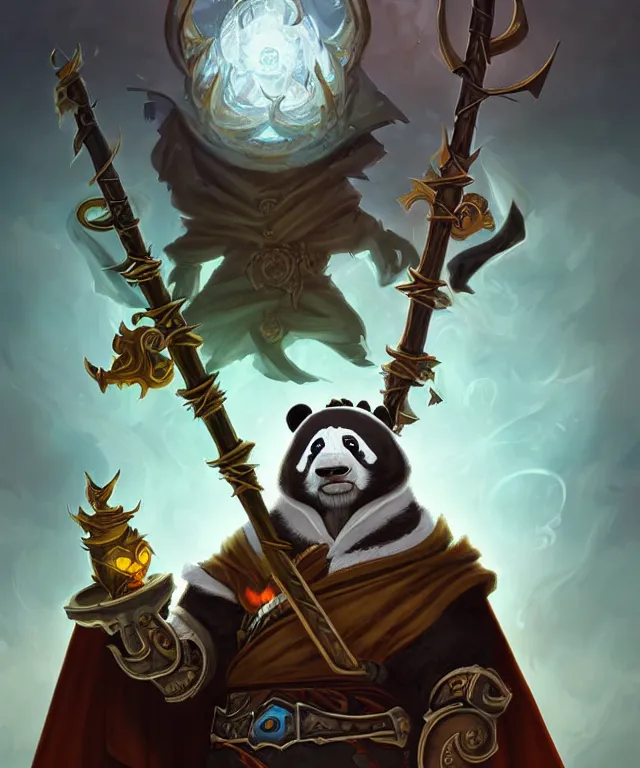 Image similar to a portrait an anthropomorphic panda warlock holding a staff, wearing warlock robes with spiked shoulders, landscape in background, dnd character art portrait, world of warcraft style, by peter mohrbacher, cinematic lighting