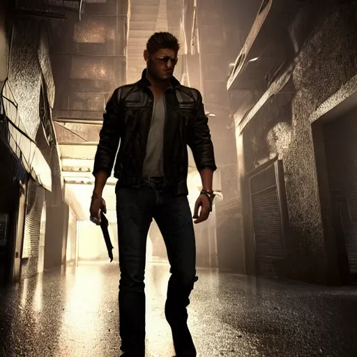 Image similar to a detailed full bodied 3 d render of an extremely handsome jensen ackles as the terminator walking down a dark alley futuristic sci fi city, holding a glowing futuristic crossbow, volumetric lighting, octane render, 8 k, art by greg rutkowski and albert bierstadt and alphones mucha