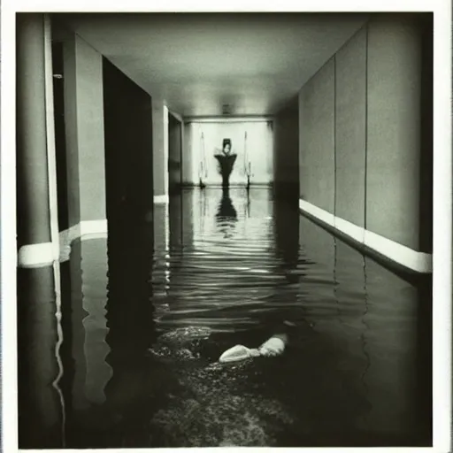 Image similar to a flooded hotel hallway leading to an indoor pool, polaroid, liminal space, surreal,