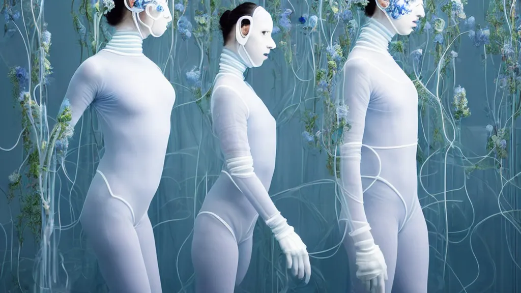 Image similar to symmetrical portrait of a woman wearing a blue embroidered translucent silicone mask and white frizzy hair buns, wearing a black bodysuit by alexander mcqueen, standing in a sterile room full of translucent silicone white flowers and plants, white background, soft diffused light, biotechnology, humanoide robot, futuristic aesthetic, translucent, ethereal, intricate details, highly detailed, masterpiece,