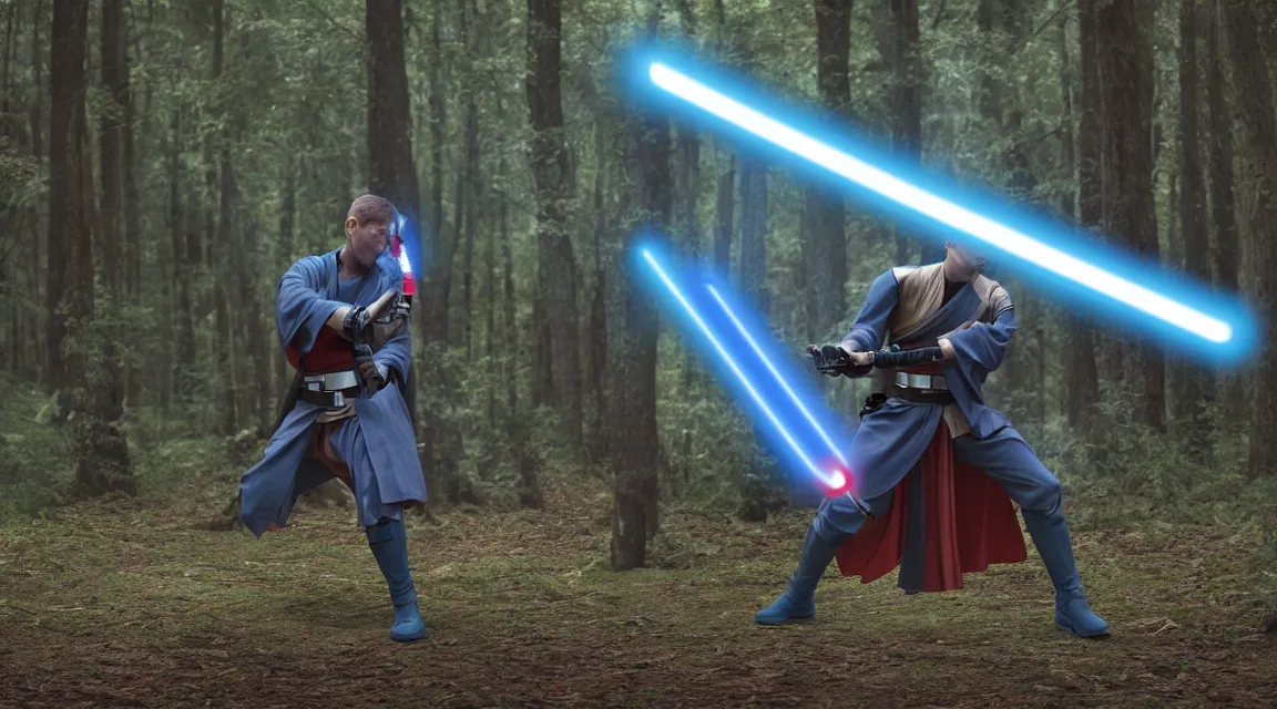 Image similar to Jedi master blue lightsaber vs fighting sith red lightsabers, forest background, Canon, 100mm, octane render, photorealistic, detailed, cinematic, 8k no blur, volumetric lightning