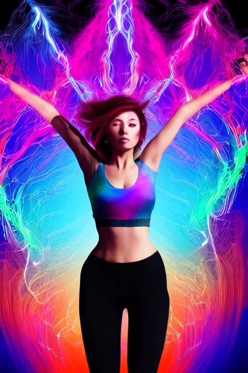 Image similar to a award winning half body portrait of a beautiful woman with stunning eyes in a croptop and leggings with reinbow colored ombre hairstyle head in motion and hair flying while dancing by thomas danthony, surrounded by whirling illuminated lines, outrun, vaporware, shaded flat illustration, digital art, trending on artstation, highly detailed, fine detail, intricate