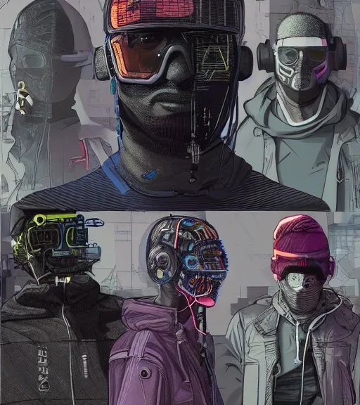 Image similar to a cyberpunk man with multiple digital patchwork faces, techwear, Industrial Scifi, detailed illustration, character portrait, by Martin Grip and Moebius