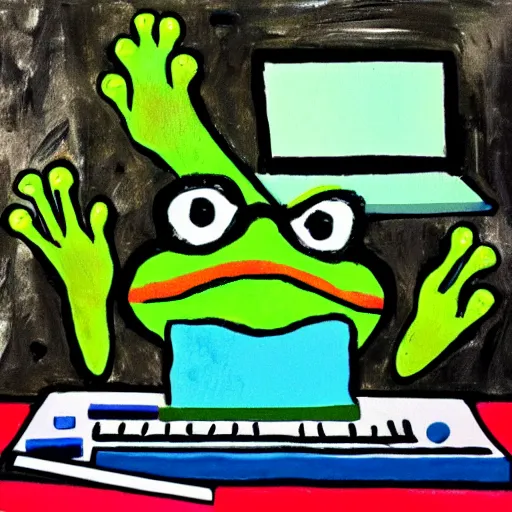 Image similar to abstract art of a frog sitting behind a computer