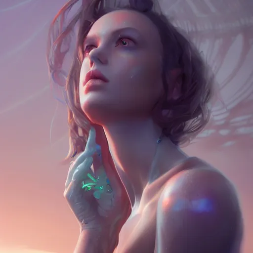 Image similar to dream girl, 8 k uhd, unreal engine, reflected chrome, octane render in the artstyle of greg rutkowski peter mohrbacher, unreal engine 5, highly detailed face, true anatomy!, extremely detailed!, fishnets, dystopian, details visible, octane render