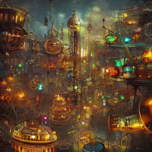 Prompt: “detailed steampunk city,with flying ships in bright colours, trending on art station, masterpiece, bustling with activity, Worth1000.net”