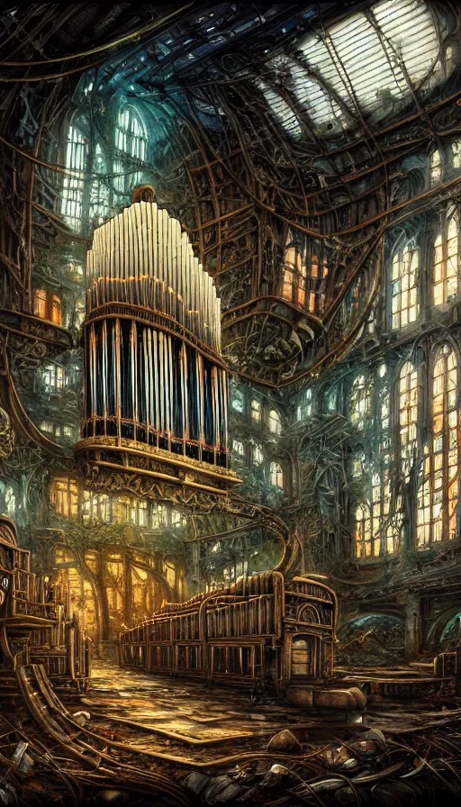 Prompt: a beautiful detailed painting of pipe organ abandoned nature urbex city by kazuyo sejima, gem nature water galactic universe cyberpunk poppy azeroth cosmic alien, archdaily, wallpaper, highly detailed, trending on artstation.