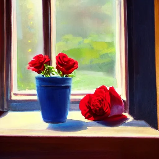 Image similar to A painting of a windowsill with flowers. Red rose. Blue violets. The natural light from the window would be shining in on the scene. Trending on artstation