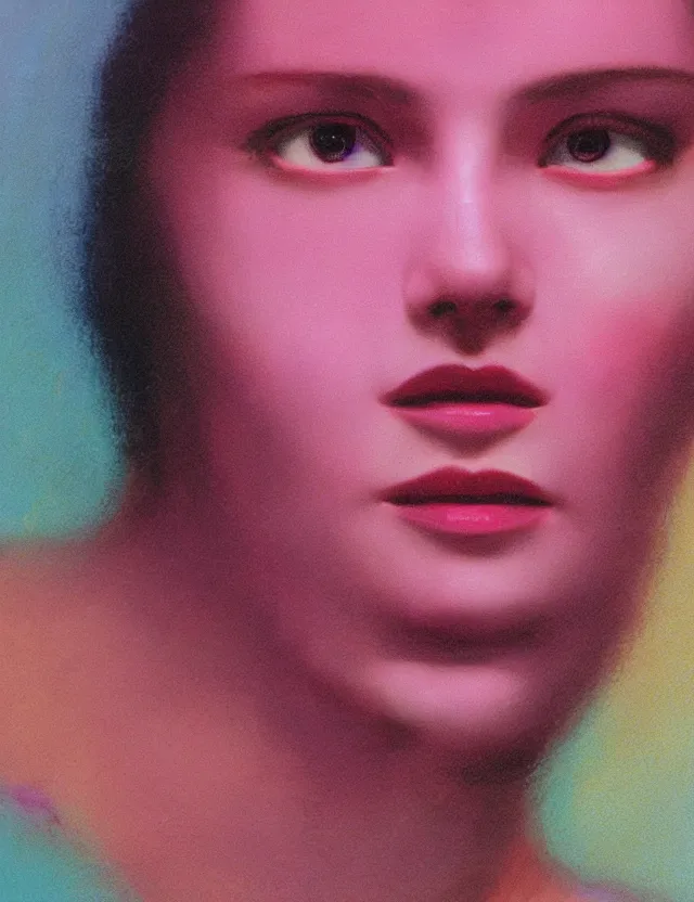 Image similar to face of woman in a tv screen, blue rays from tv, redshift, wide shot, coloured polaroid photograph, pastel, kodak film, hyper real, stunning moody cinematography, by maripol, fallen angels by wong kar - wai, style of suspiria and neon demon, david hockney, detailed, oil on canvas