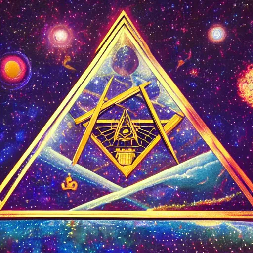 Prompt: the Universe according to the Illuminati, Freemasons, cult, art, high quality, 4k