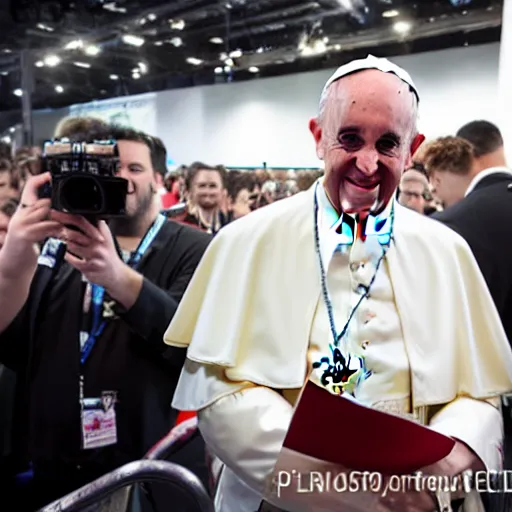 Prompt: pope at e3 expo, 8K, studio lighting