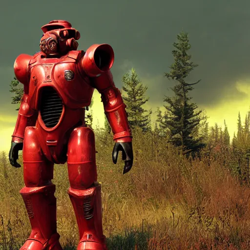 Prompt: Power armor from the company core-cola, red color, stands against the background of a radioactive forest, graphics, fallout 4 render, 3d computer render, maximum details, rain, night, spotlight,