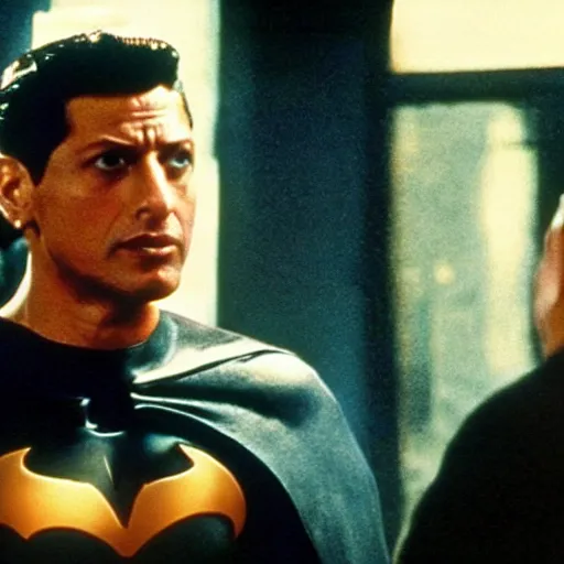 Image similar to young, muscular jeff goldblum as bruce wayne peeling back batman mask, wearing batman t shirt, film still