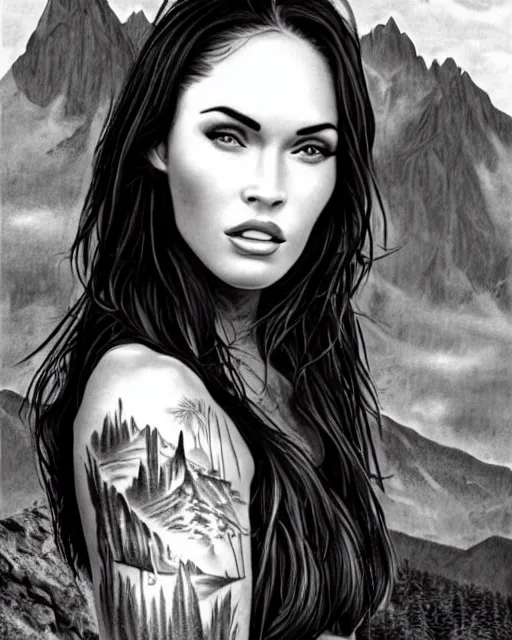 Prompt: realism tattoo design sketch of megan fox face blended with beautiful mountain scenery, in the style of dan mountford, double exposure, hyper realistic, amazing detail, black and white