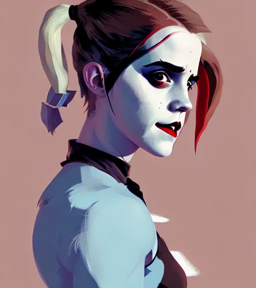 Prompt: portrait of emma watson as harley quinn by atey ghailan, by greg rutkowski, by greg tocchini, by james gilleard, by joe fenton, by kaethe butcher, dynamic lighting, gradient light blue, brown, blonde cream and white color scheme, grunge aesthetic