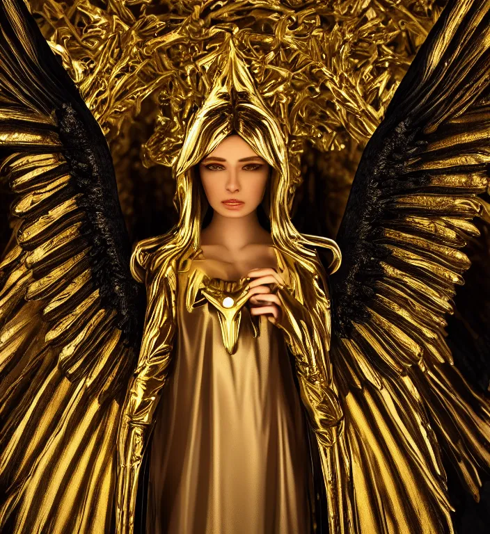 Image similar to full length picture angel wearing black robe with gold wings in an elaborate cathedral, sharp focus, DOF, unreal engine, 8k, ultra detailed, photorealistic + sigma 105mm f2.8 macro