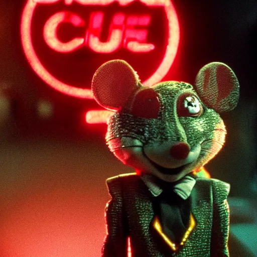 Prompt: Still of Chuck E. Cheese mouse mascot animatronic, in the movie Blade Runner, cinematic lighting, 4k