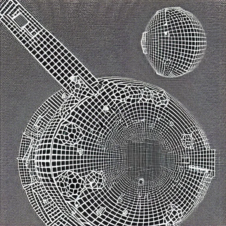 Prompt: a black and white drawing of a geometric lattice international space station made of chrome and filled with equipment, a microscopic photo by ernst haeckel, zbrush central, kinetic pointillism, intricate patterns, photoillustration