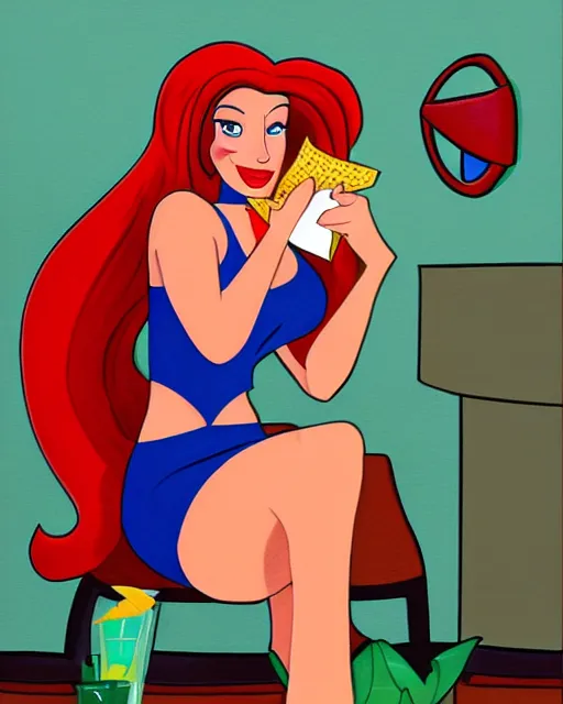 Image similar to Jessica Rabbit eating a bag of Doritos, sitting on a chair, stylized oil painting, traditional animation portrait