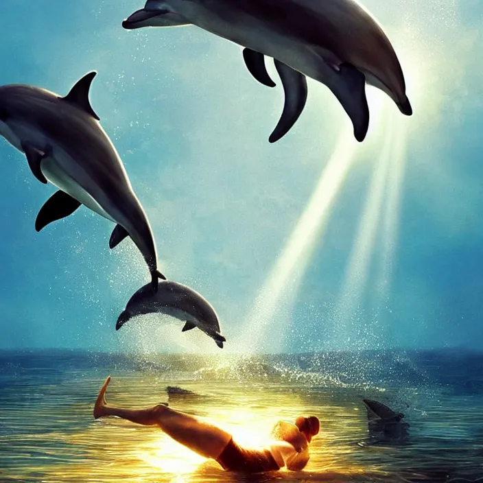 Prompt: dolphin swimming, golden hour, god rays, by artgerm and ismail inceoglu, masterpiece, beautiful, intricate, elegant, highly detailed