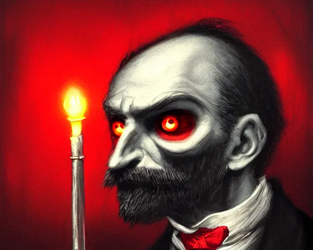 Prompt: closeup profile portrait of jack the ripper with glowing red as a demonic bat, nicoletta ceccoli, mark ryden, lostfish, max fleischer, hyper realistic, artstation, illustration, digital paint, matte paint, vivid colors, bright, cheerful, detailed and intricate environment