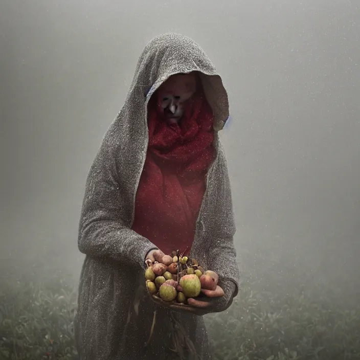 Prompt: a closeup portrait of a woman wearing a hood made of beads, picking apples from a tree, foggy, moody, photograph, by vincent desiderio, canon eos c 3 0 0, ƒ 1. 8, 3 5 mm, 8 k, medium - format print