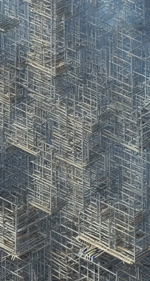 Prompt: 'they call em stacks' a column of stacked single wide mobile homes arranged 12 units high, reinforced steel structure scaffolding, futuristic technology by Jim Burns and Craig Mullins