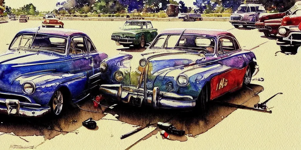 Image similar to a watercolor painting of a car moving at high speed, detailed, the car has a metallic texture ， bynorman rockwell, jacob collins