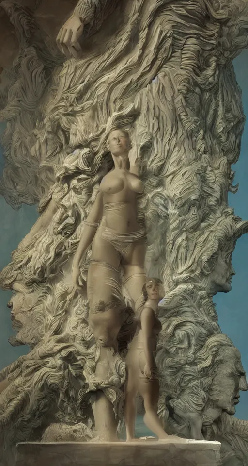 Prompt: digital painting of tiny people standing at the base of a greek sculpture a beautiful massive female statue surrounded by dreamy coral, syd mead, moebius, concept art, minimalist, golden ratio