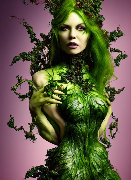 Image similar to expressive full body photo of the poison ivy, dress made of cabbages, glamour shot, by karol bak, stefan gesell, photorealistic, nikon d 4 x, fashion photography, hyper maximalist, elegant, ornate, luxury, elite, environmental portrait, symmetrical features, octane render, unreal engine, solid dark grey background, dramatic lights