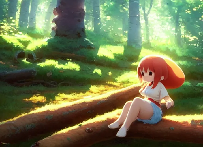 Image similar to a small, cute and chubby mushroom creature, she's sitting on a log in an aspen forest, atmospheric lighting, sun rays through the trees, by makoto shinkai and krenz cushart