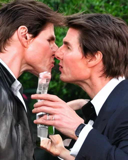 Prompt: a realistic photo of Tom Cruise kissing himself