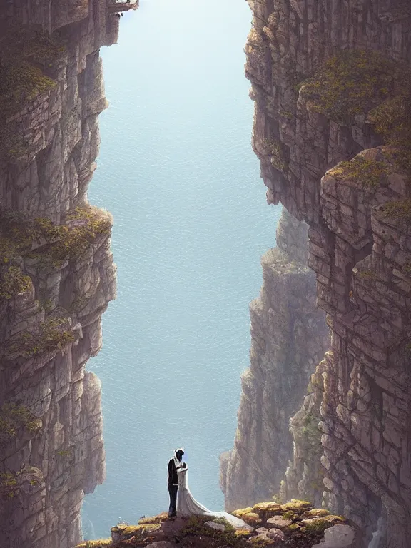 Image similar to bride and groom centered, high symmetry, intimacy, realism, intricate abstract, elegant, looking down a cliff, tall pillar, short perspective, neutral colors, dark lighting, by greg rutkowski, by simon stalenhag