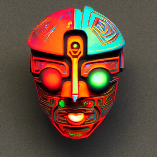 Image similar to claymodel of a cyberpunk aztec futurism robot head, 8 k, symetrical, flourescent colors, halluzinogenic, multicolored, black background